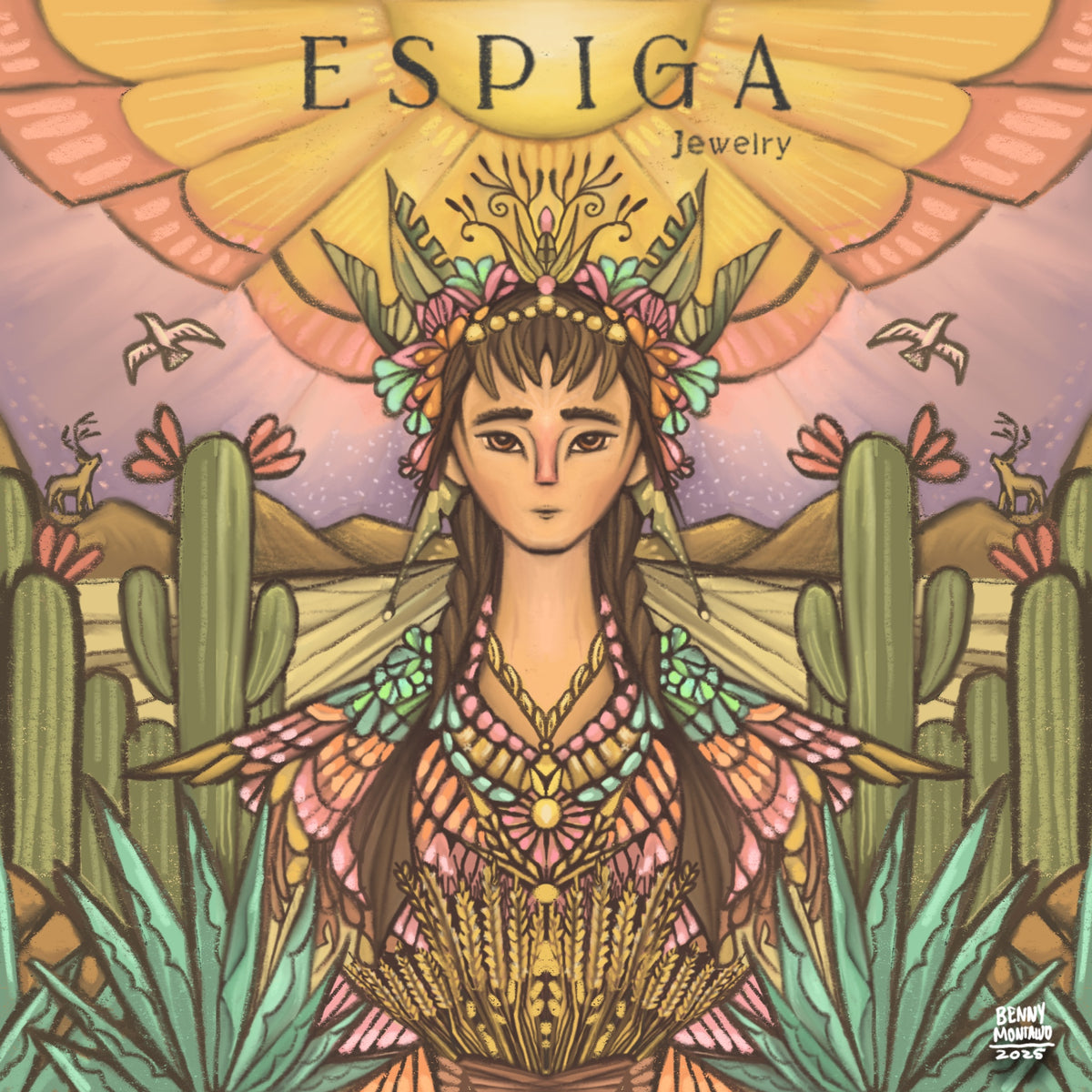 Espiga Jewelry illustration – woman with wheat, flowers and desert landscape
