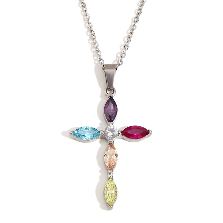 E. B. Belle Sparkling Luxury Colored Zirconia Cross Pendant Stainless Steel Women&