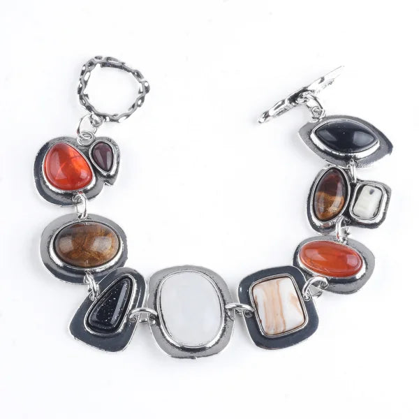 Boho Resin Stone Link Bracelet – Silver Mixed Stone
