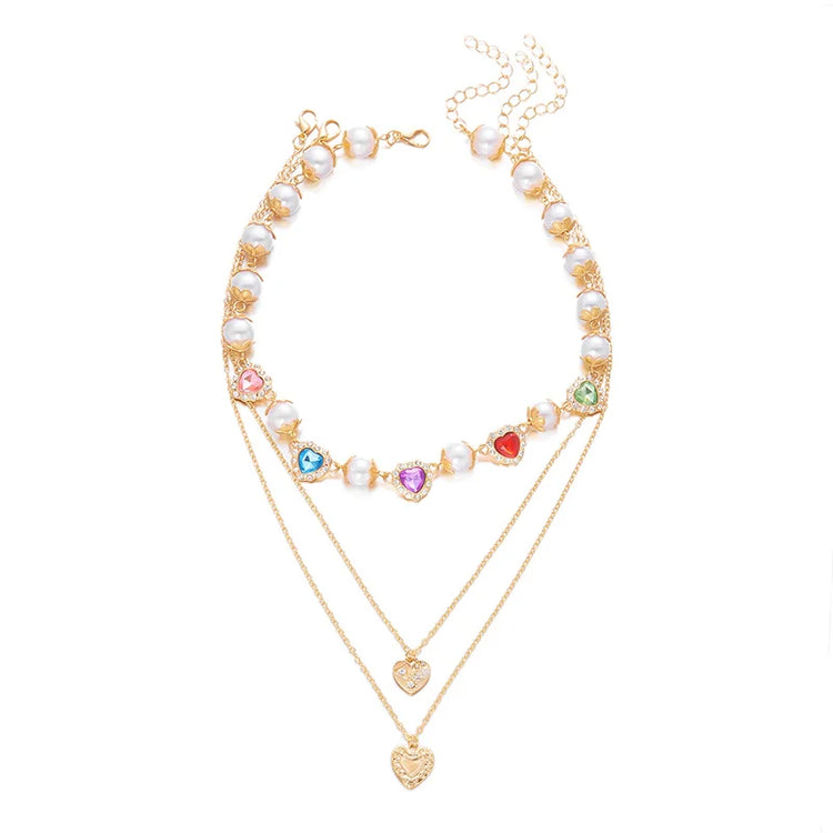 Delicate Rainbow Zircon Heart Necklace for Women Elegant Imitation Pearl Pendant Necklace Girls Party Jewelry Accessory Espiga Jewelry