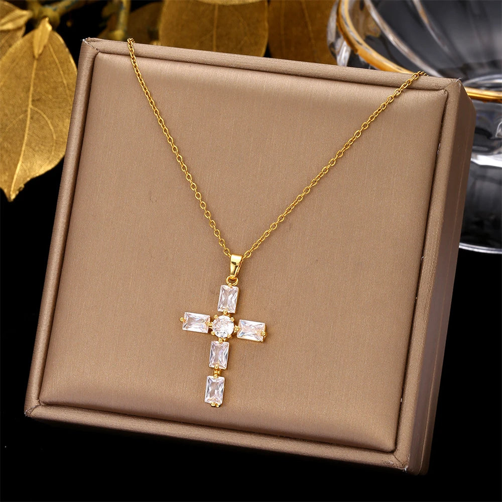 Religious Zircon Cross Rosaries Necklace Jesus Prayer Curcifix Pendant Chain Necklaces Maltese Latin Cross Choker Baptism Gift Espiga Jewelry