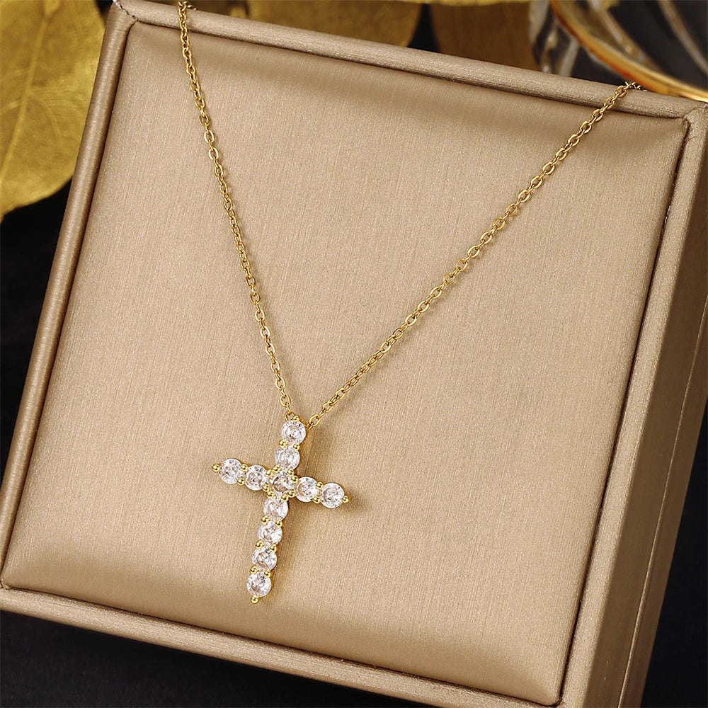 Religious Zircon Cross Rosaries Necklace Jesus Prayer Curcifix Pendant Chain Necklaces Maltese Latin Cross Choker Baptism Gift Espiga Jewelry