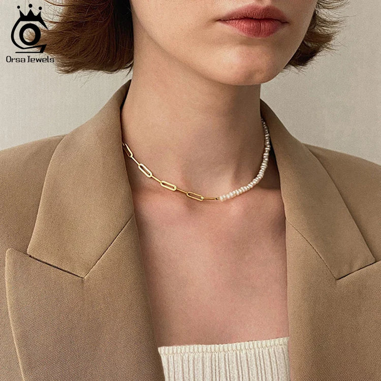 ORSA JEWELS Half Pearl Chain Clip Necklace Choker Chain Women Girls Jewelry Set for Dancing Party Dating Wedding Vacation GPN13 Espiga Jewelry