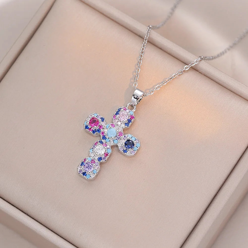 Fashion Colorful Zircon Cross Pendant Necklaces for Women Girls Stainless Steel Romantic Jewelry Accessories Gifts Espiga Jewelry
