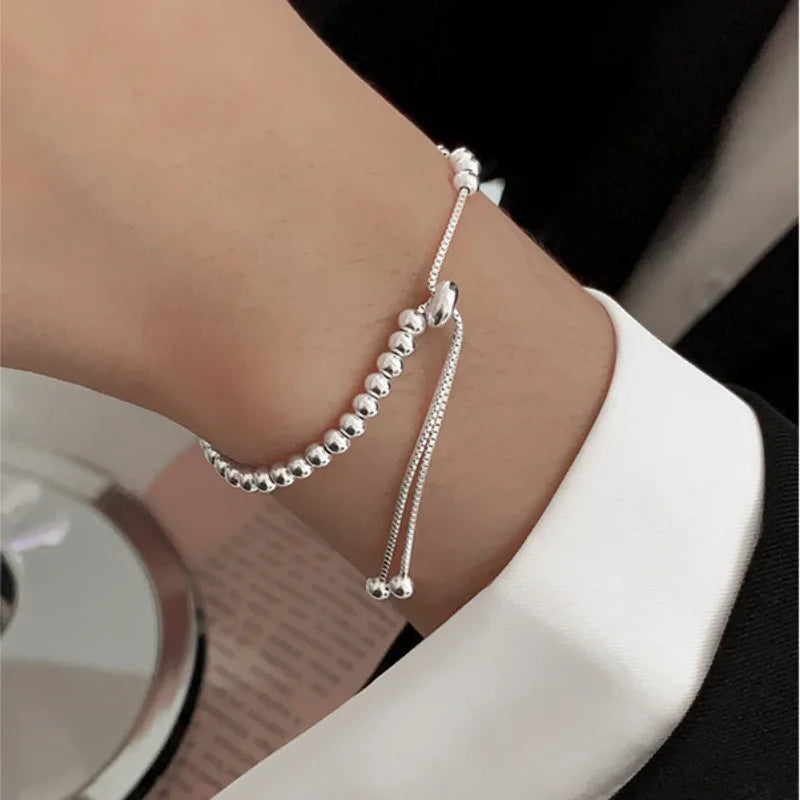 100% Solid 925 Sterling Silver Metal Bracelets for Women Men Beads Adjuatable Handmade Simple Bracelet Birthday Christmas Gift Espiga Jewelry