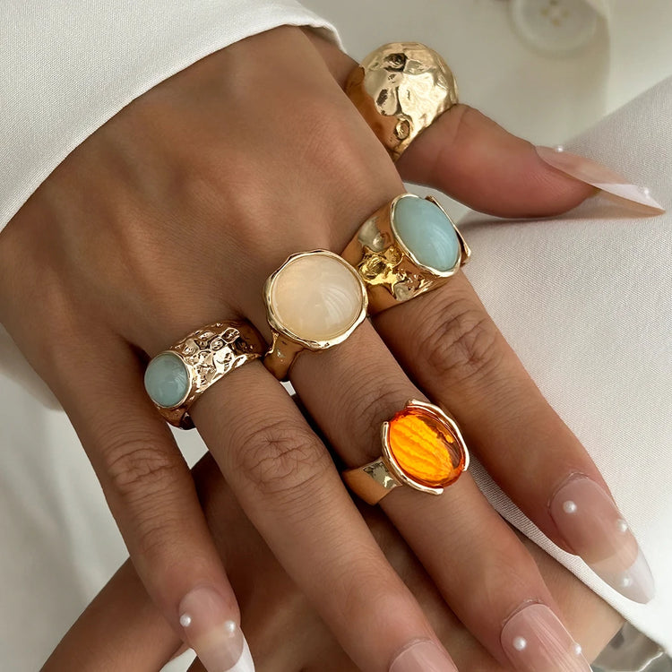 Ingemark 5Pcs/Set Retro Gold Color Irregular Metal Ring for Women Bohemian Open Adjustable Wide Ring Aesthetic Y2K Jewelry Gift Espiga Jewelry
