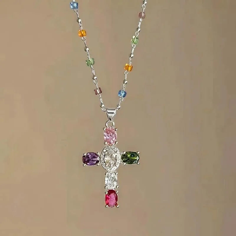 Fashion Colorful Zircon Cross Pendant Necklace For Women Stainless Steel Silver Color Charm Religious Necklaces Jewelry Espiga Jewelry