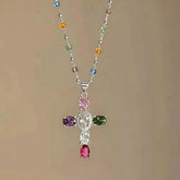 Fashion Colorful Zircon Cross Pendant Necklace For Women Stainless Steel Silver Color Charm Religious Necklaces Jewelry Espiga Jewelry