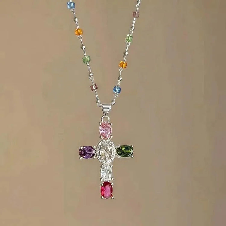 Fashion Colorful Zircon Cross Pendant Necklace For Women Stainless Steel Silver Color Charm Religious Necklaces Jewelry Espiga Jewelry