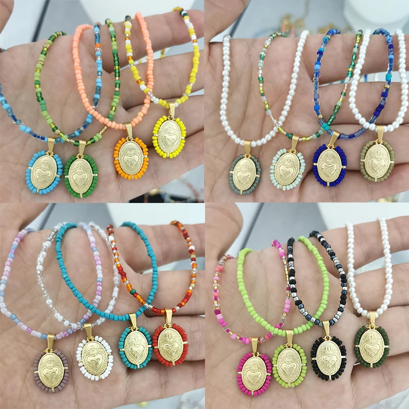 Virgin Mary Pendant Charm Necklace Women Imitation Pearl Cross Scared Heart Jesus Choker Seed Beads Gold Color Jewelry Mom Espiga Jewelry