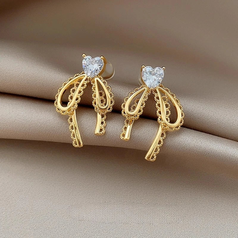 2025 Korean new design fashion jewelry 14K gold plated zircon lace bow earrings elegant women&