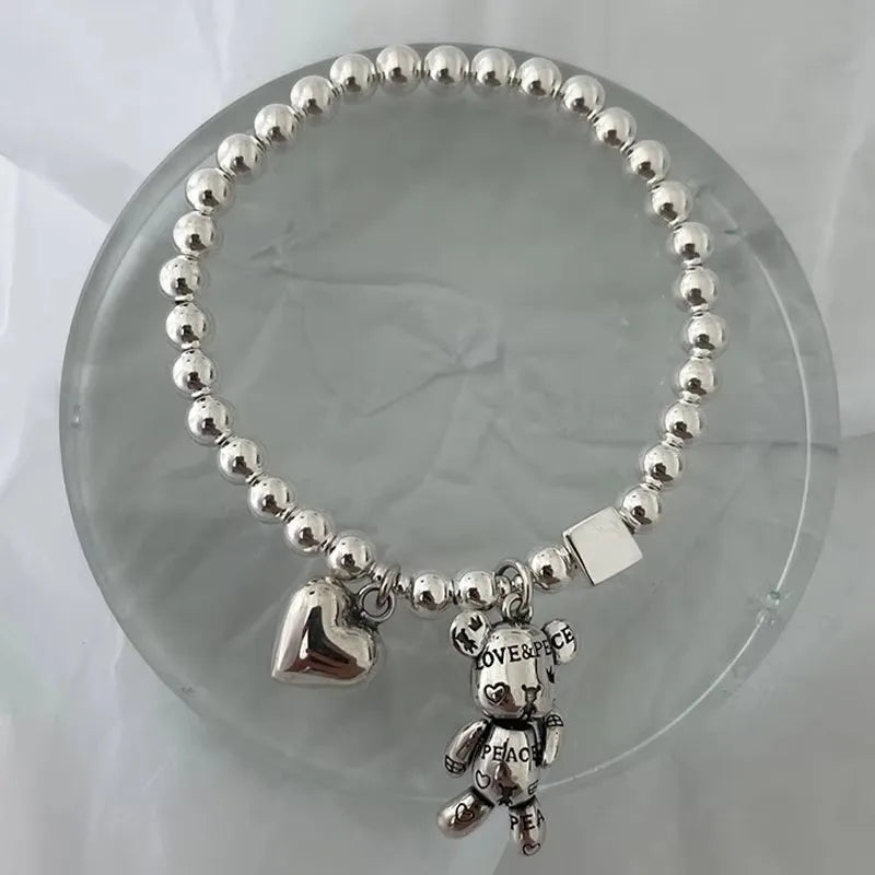 925 Sterling Silver Bracelets for Women String of Beads Accessories Trend Vintage Simple Cute Bear Pendant Party Jewelry Espiga Jewelry