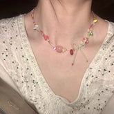 Beaded Star Bow Charm Necklace – Pink Pearl Bow