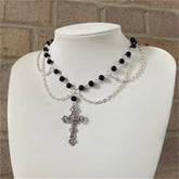 Victorian Gothic Cross Rosary Necklace With Chain Charm Handmade Sacred Pearl Beaded Necklace Layered Necklace Espiga Jewelry