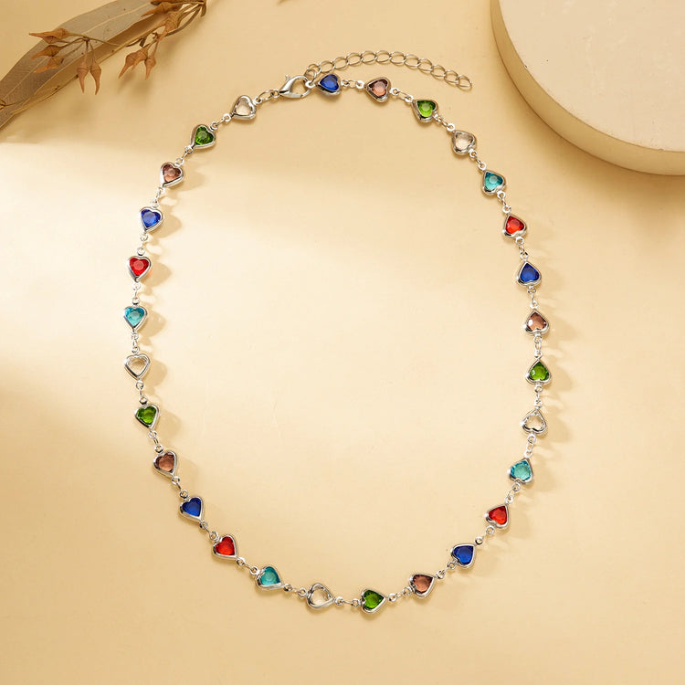 Exquisite Rainbow Zircon Heart Choker Necklace For Women Korean Crystal Gold Color Metal Chain Collar Girls Party Beach Jewelry Espiga Jewelry