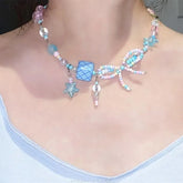 Beaded Star Bow Charm Necklace – Pastel Blue