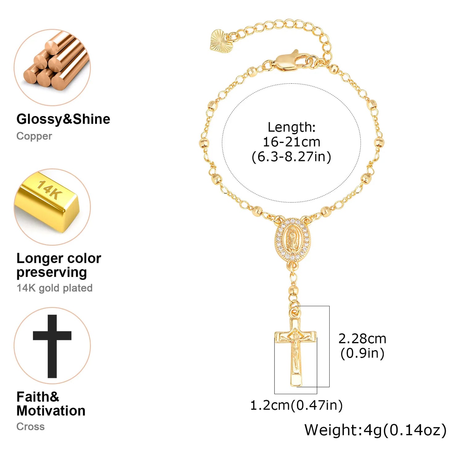 Catholic Cubic Zirconia Rosary Cross Beaded Link Bracelets, Oval Jesus Coss Jewelry, Religion Gold Plated Bracelet Espiga Jewelry