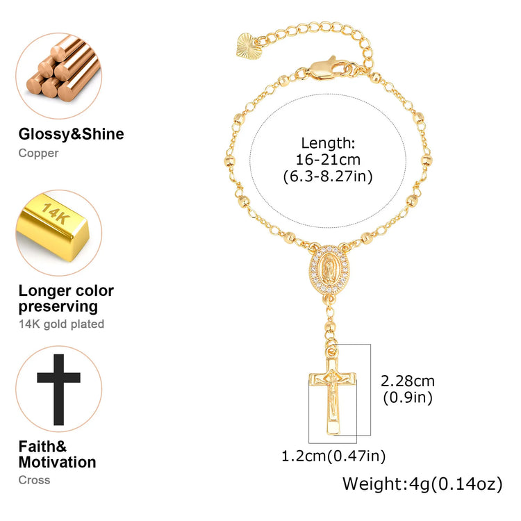 Catholic Cubic Zirconia Rosary Cross Beaded Link Bracelets, Oval Jesus Coss Jewelry, Religion Gold Plated Bracelet Espiga Jewelry