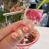New Trendy Vintage Pink Tulip Flower Heart Pendant Earrings for Women Spring and Summer Sweet Design Wedding Party Jewelry Gifts Espiga Jewelry