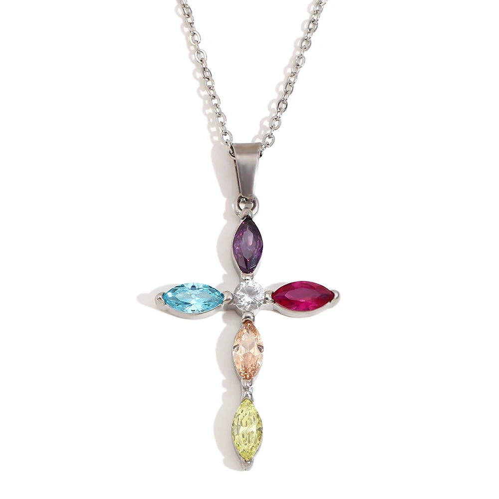 E. B. Belle Sparkling Luxury Colored Zirconia Cross Pendant Stainless Steel Women&