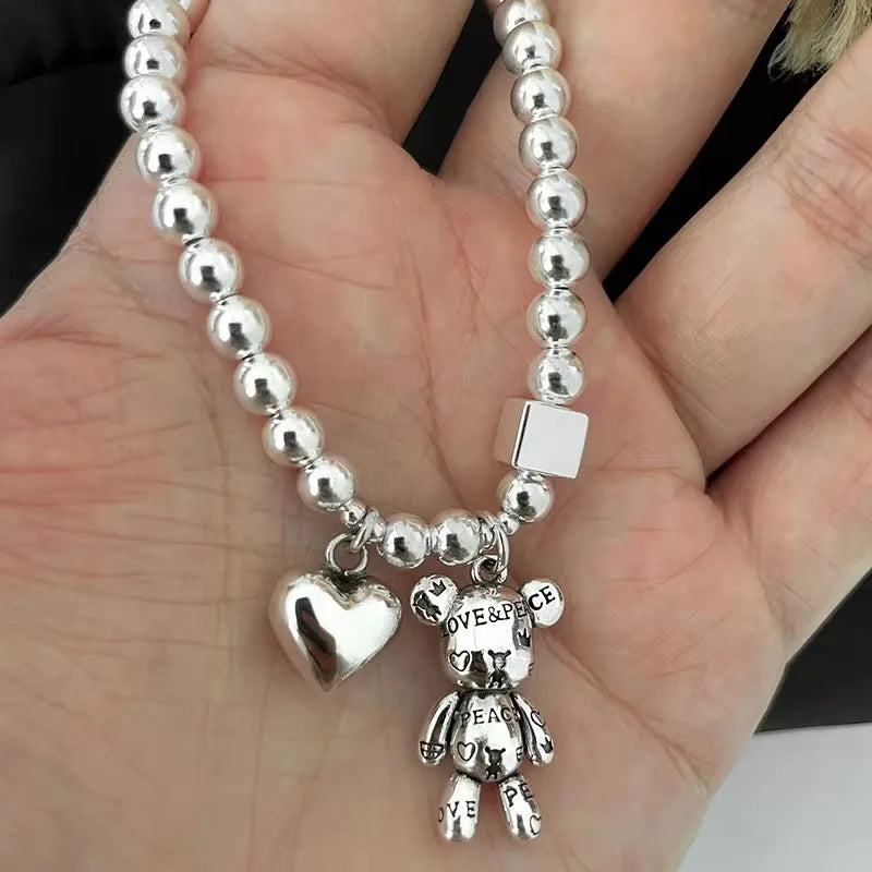 925 Sterling Silver Bracelets for Women String of Beads Accessories Trend Vintage Simple Cute Bear Pendant Party Jewelry Espiga Jewelry