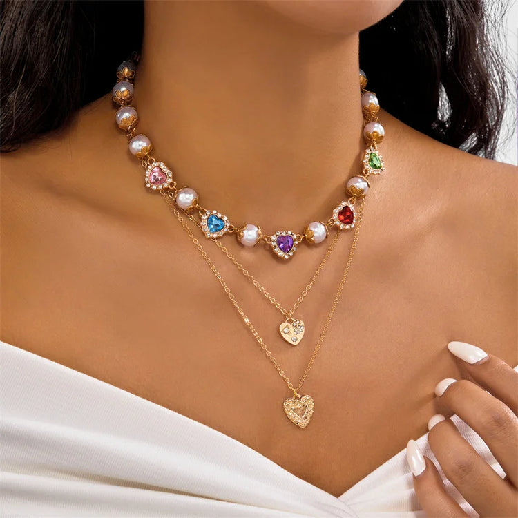 Delicate Rainbow Zircon Heart Necklace for Women Elegant Imitation Pearl Pendant Necklace Girls Party Jewelry Accessory Espiga Jewelry