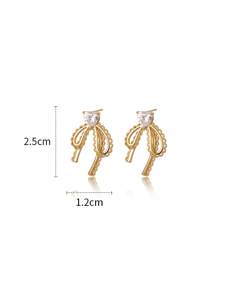 2025 Korean new design fashion jewelry 14K gold plated zircon lace bow earrings elegant women&