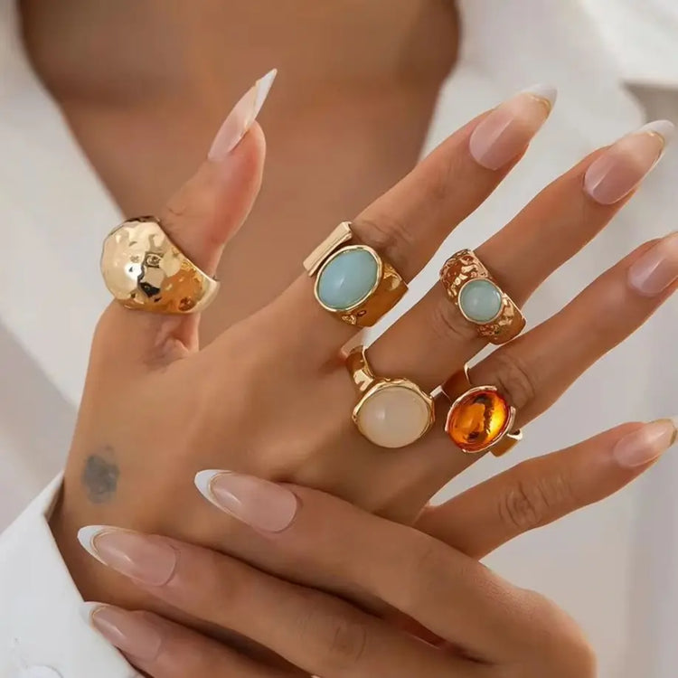 Ingemark 5Pcs/Set Retro Gold Color Irregular Metal Ring for Women Bohemian Open Adjustable Wide Ring Aesthetic Y2K Jewelry Gift Espiga Jewelry