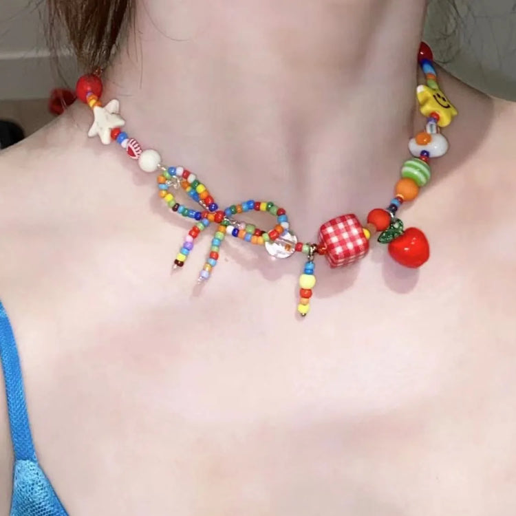 Beaded Star Bow Charm Necklace – Fruit Bead Mix