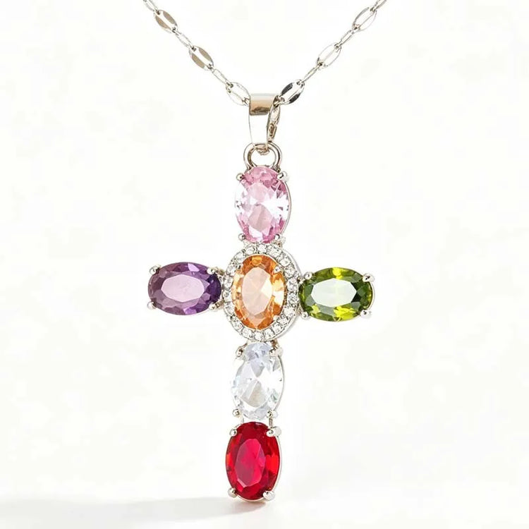 Fashion Colorful Zircon Cross Pendant Necklace For Women Stainless Steel Silver Color Charm Religious Necklaces Jewelry Espiga Jewelry
