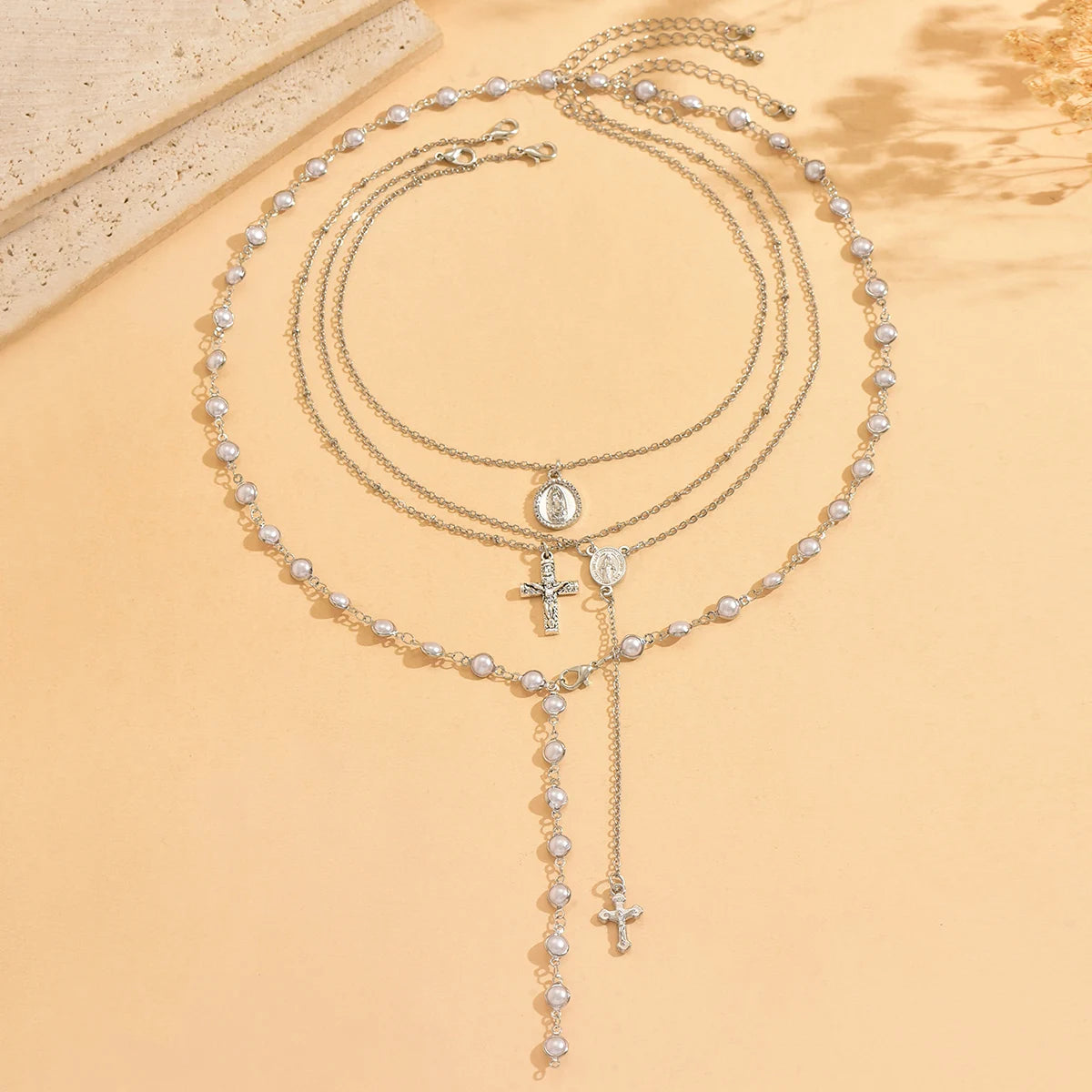 Layered Rosary Cross Necklace Vintage Gold Silver Mary Pendant Pearl Beaded Y Lariat Jewelry Gift for Women Espiga Jewelry