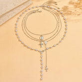 Layered Rosary Cross Necklace Vintage Gold Silver Mary Pendant Pearl Beaded Y Lariat Jewelry Gift for Women Espiga Jewelry