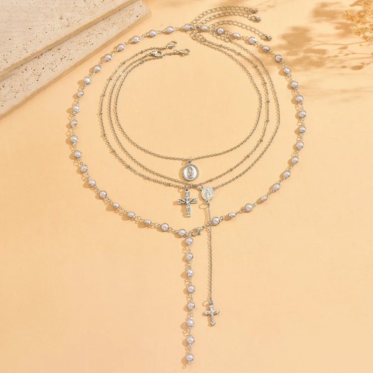 Layered Rosary Cross Necklace Vintage Gold Silver Mary Pendant Pearl Beaded Y Lariat Jewelry Gift for Women Espiga Jewelry