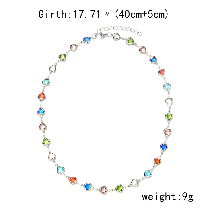Exquisite Rainbow Zircon Heart Choker Necklace For Women Korean Crystal Gold Color Metal Chain Collar Girls Party Beach Jewelry Espiga Jewelry
