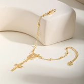 Catholic Cubic Zirconia Rosary Cross Beaded Link Bracelets, Oval Jesus Coss Jewelry, Religion Gold Plated Bracelet Espiga Jewelry