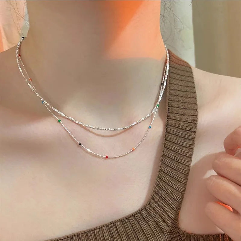 925 Silver Sterling Silver Necklace With Simple Geometric Multicolour Beads Choker Shiny Delicate Collarbone Chain For Women&
