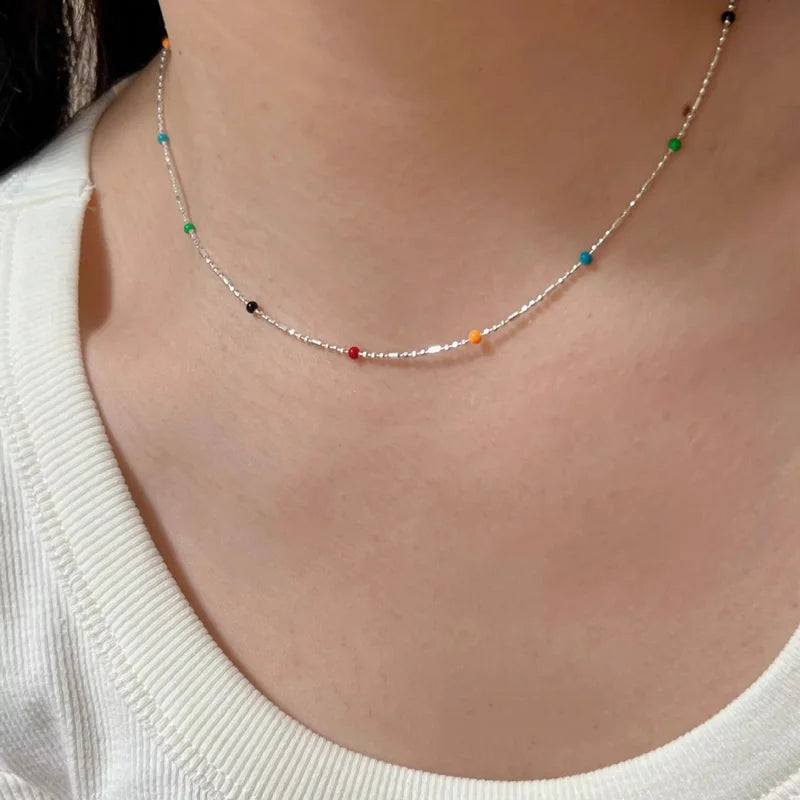 925 Silver Sterling Silver Necklace With Simple Geometric Multicolour Beads Choker Shiny Delicate Collarbone Chain For Women&