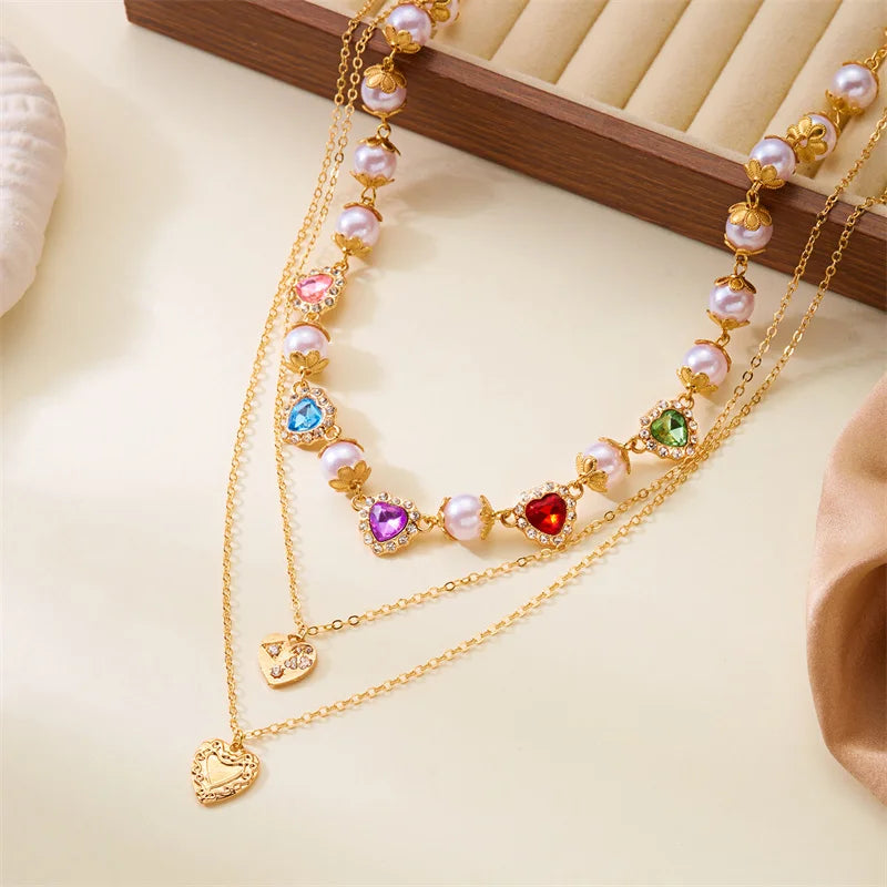 Delicate Rainbow Zircon Heart Necklace for Women Elegant Imitation Pearl Pendant Necklace Girls Party Jewelry Accessory Espiga Jewelry