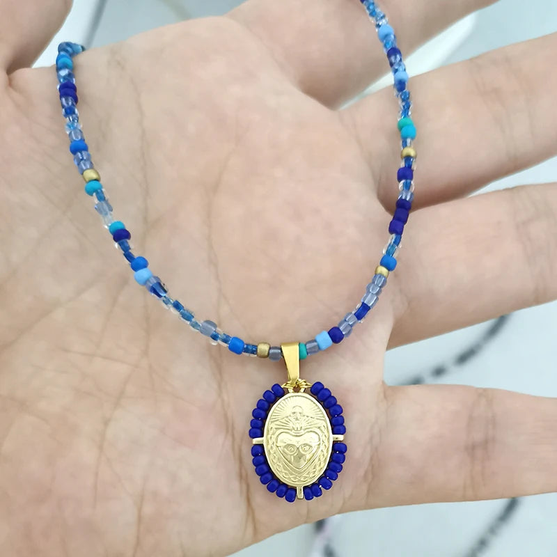 Virgin Mary Pendant Charm Necklace Women Imitation Pearl Cross Scared Heart Jesus Choker Seed Beads Gold Color Jewelry Mom Espiga Jewelry