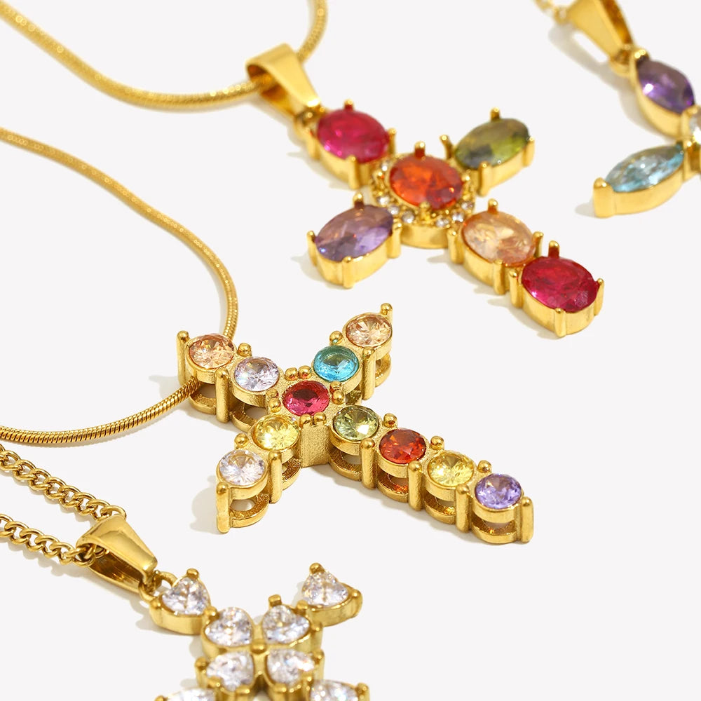 E. B. Belle Sparkling Luxury Colored Zirconia Cross Pendant Stainless Steel Women&