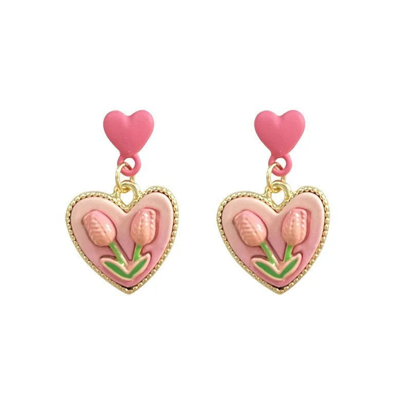 New Trendy Vintage Pink Tulip Flower Heart Pendant Earrings for Women Spring and Summer Sweet Design Wedding Party Jewelry Gifts Espiga Jewelry