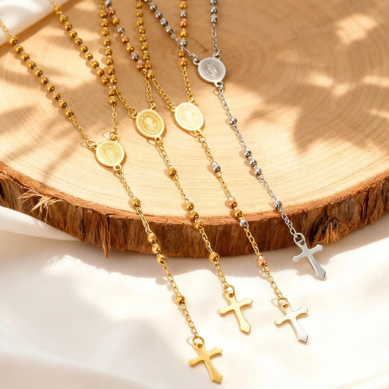 Rosary Virgin Cross Drop Y-shaped Necklace for Women,Stainless Steel Link Bead Chain Prayer Necklaces,Mary Jewelry Gift Espiga Jewelry