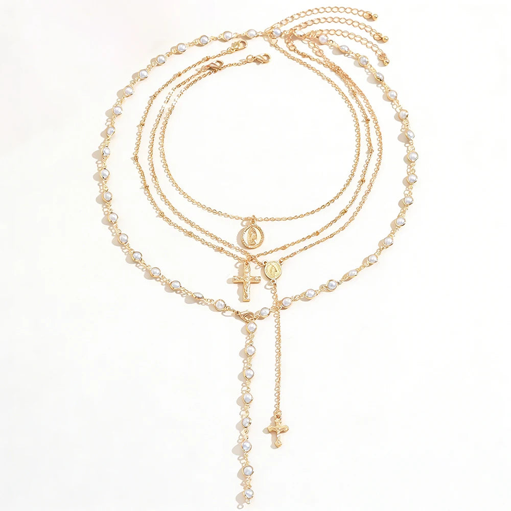 Layered Rosary Cross Necklace Vintage Gold Silver Mary Pendant Pearl Beaded Y Lariat Jewelry Gift for Women Espiga Jewelry