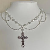 Victorian Gothic Cross Rosary Necklace With Chain Charm Handmade Sacred Pearl Beaded Necklace Layered Necklace Espiga Jewelry