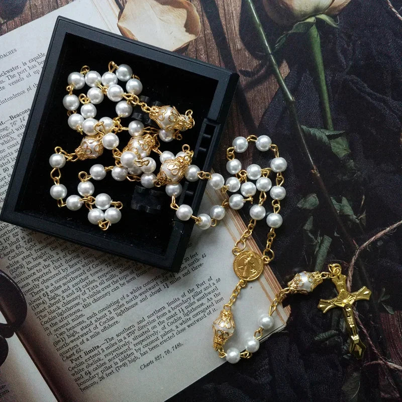Religious Five Blessed Rosary Necklace  Prayer Beaded Chain Chaplet Saint Benedict Medal Crucifix Cross Y-Necklace  Jewelry Espiga Jewelry