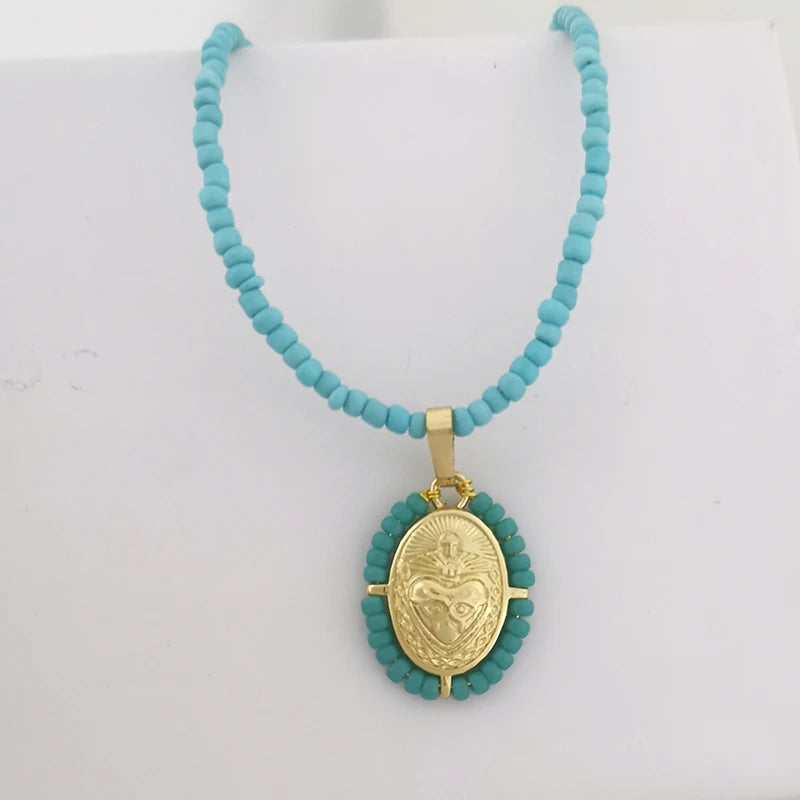 Virgin Mary Pendant Charm Necklace Women Imitation Pearl Cross Scared Heart Jesus Choker Seed Beads Gold Color Jewelry Mom Espiga Jewelry