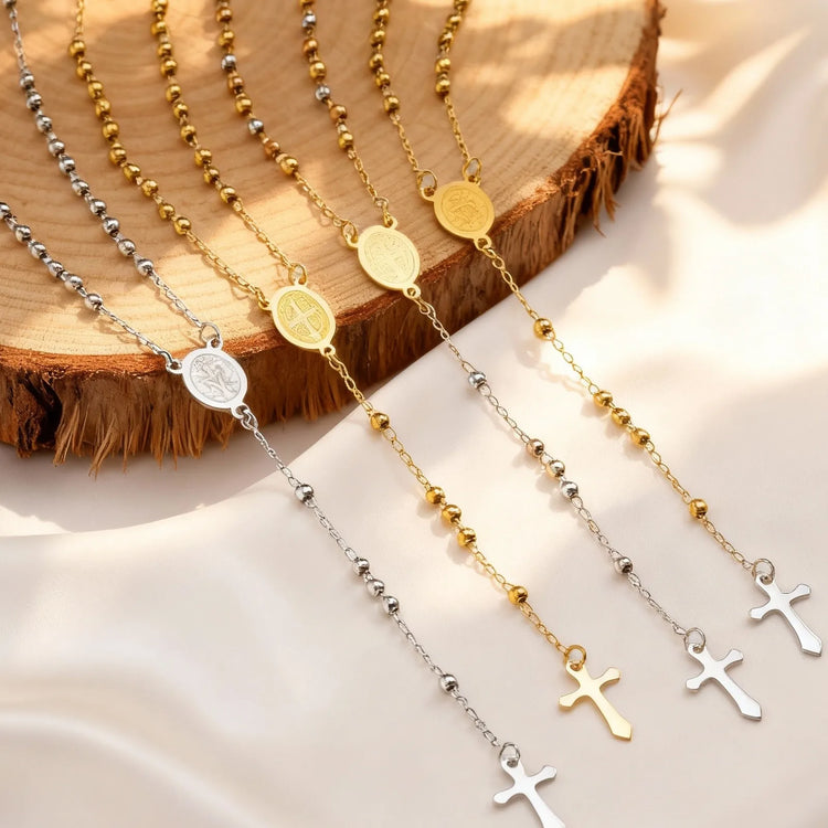 Rosary Virgin Cross Drop Y-shaped Necklace for Women,Stainless Steel Link Bead Chain Prayer Necklaces,Mary Jewelry Gift Espiga Jewelry