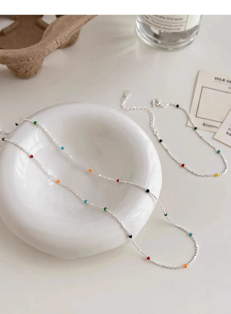 925 Silver Sterling Silver Necklace With Simple Geometric Multicolour Beads Choker Shiny Delicate Collarbone Chain For Women&