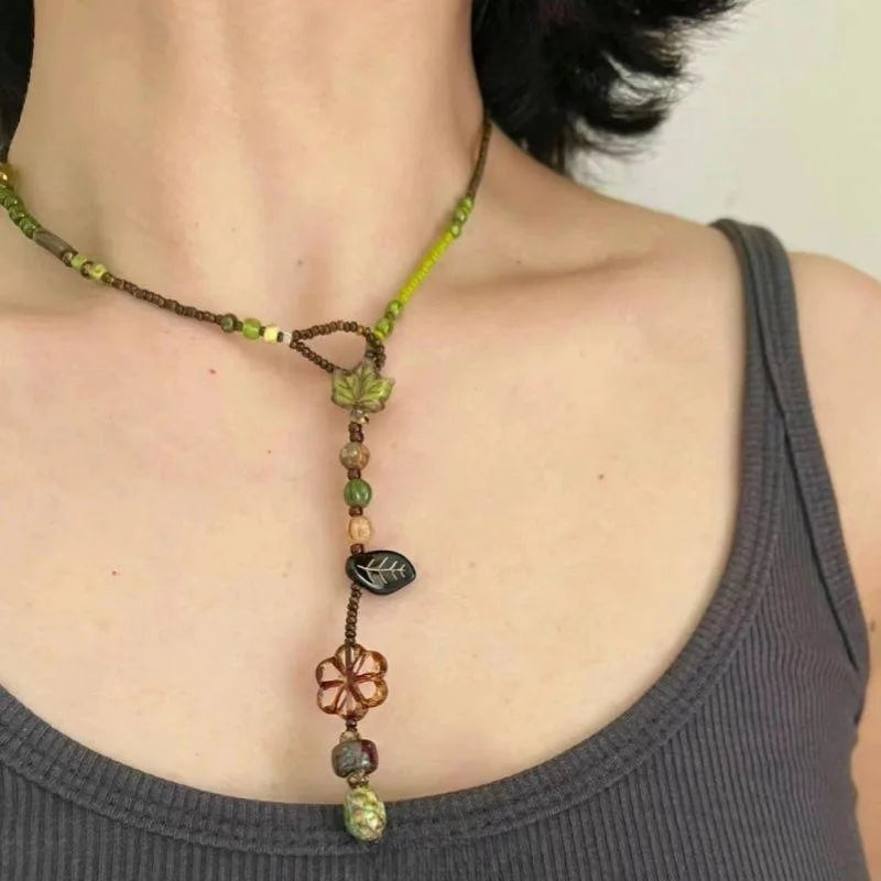Beaded Star Bow Charm Necklace – Earthy Green