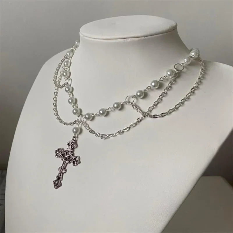 Victorian Gothic Cross Rosary Necklace With Chain Charm Handmade Sacred Pearl Beaded Necklace Layered Necklace Espiga Jewelry